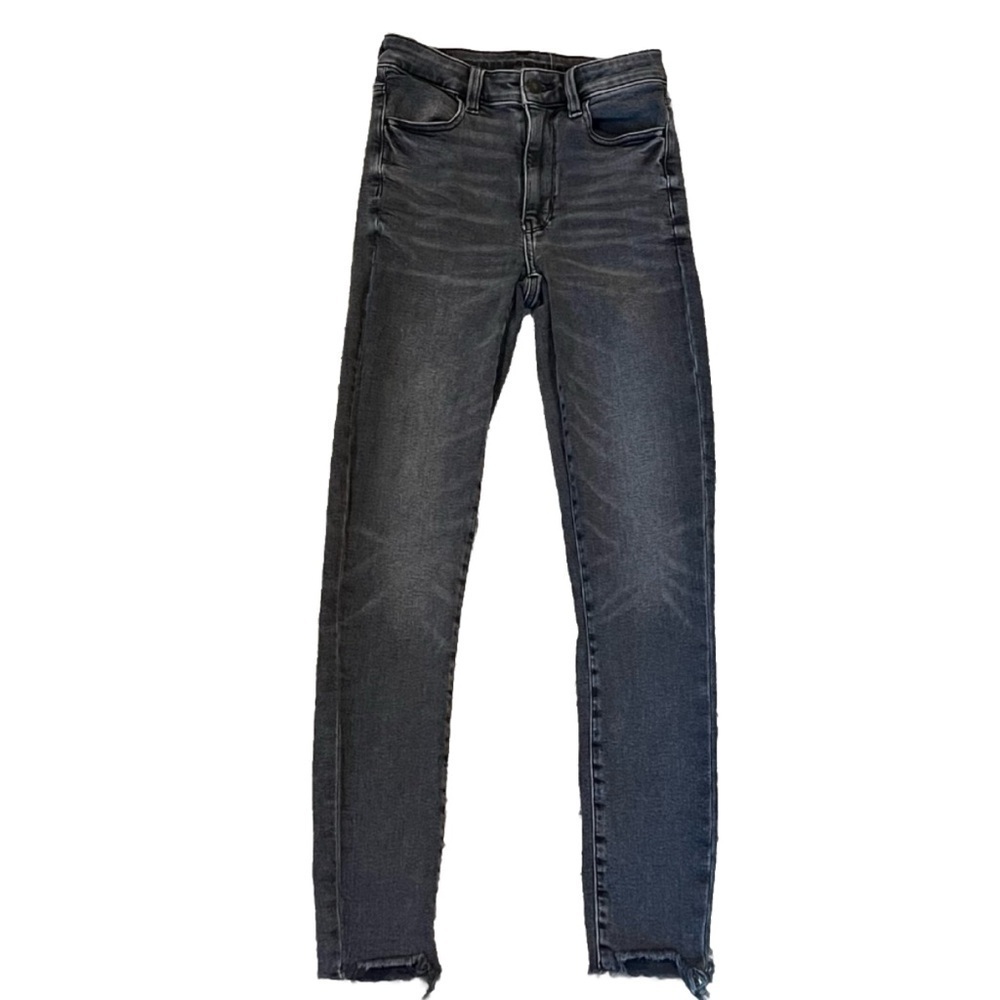 American Eagle Charcoal Distressed Hem Skinny Jeans High Rise Sz 2 Stretchy